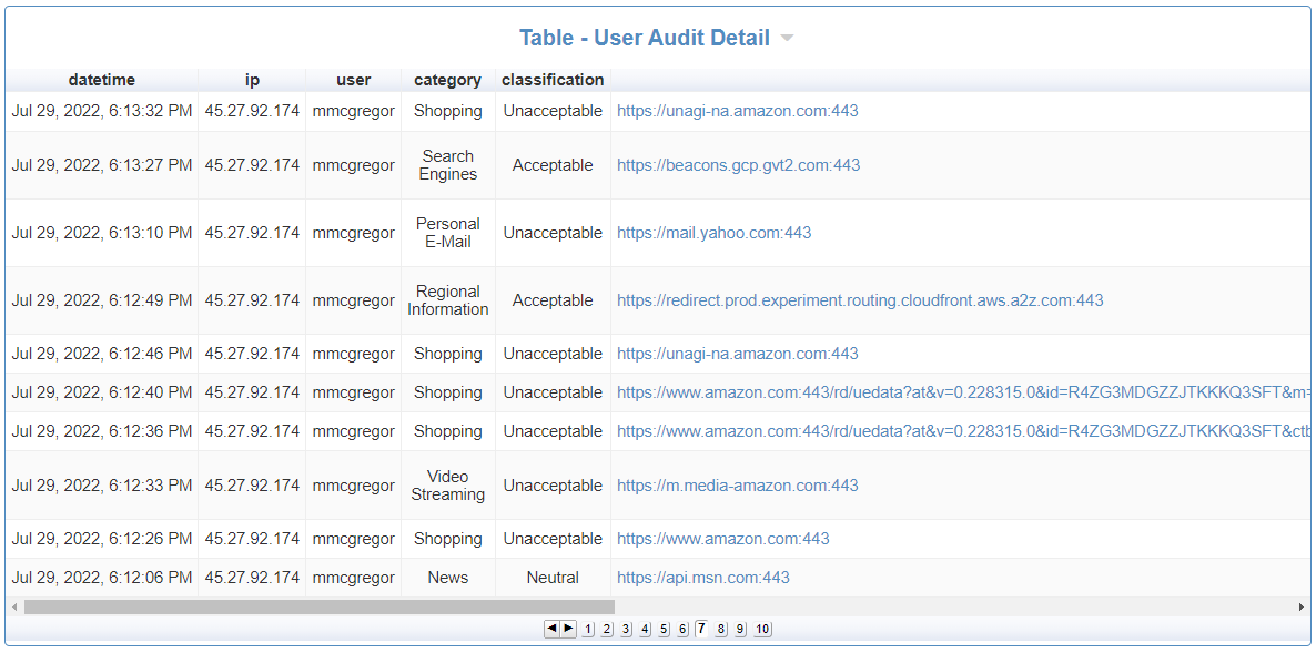 Visualizer Table User Audit Detail
